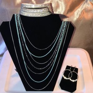 Necklace, wrap bracelet and 2 pairs of earrings.